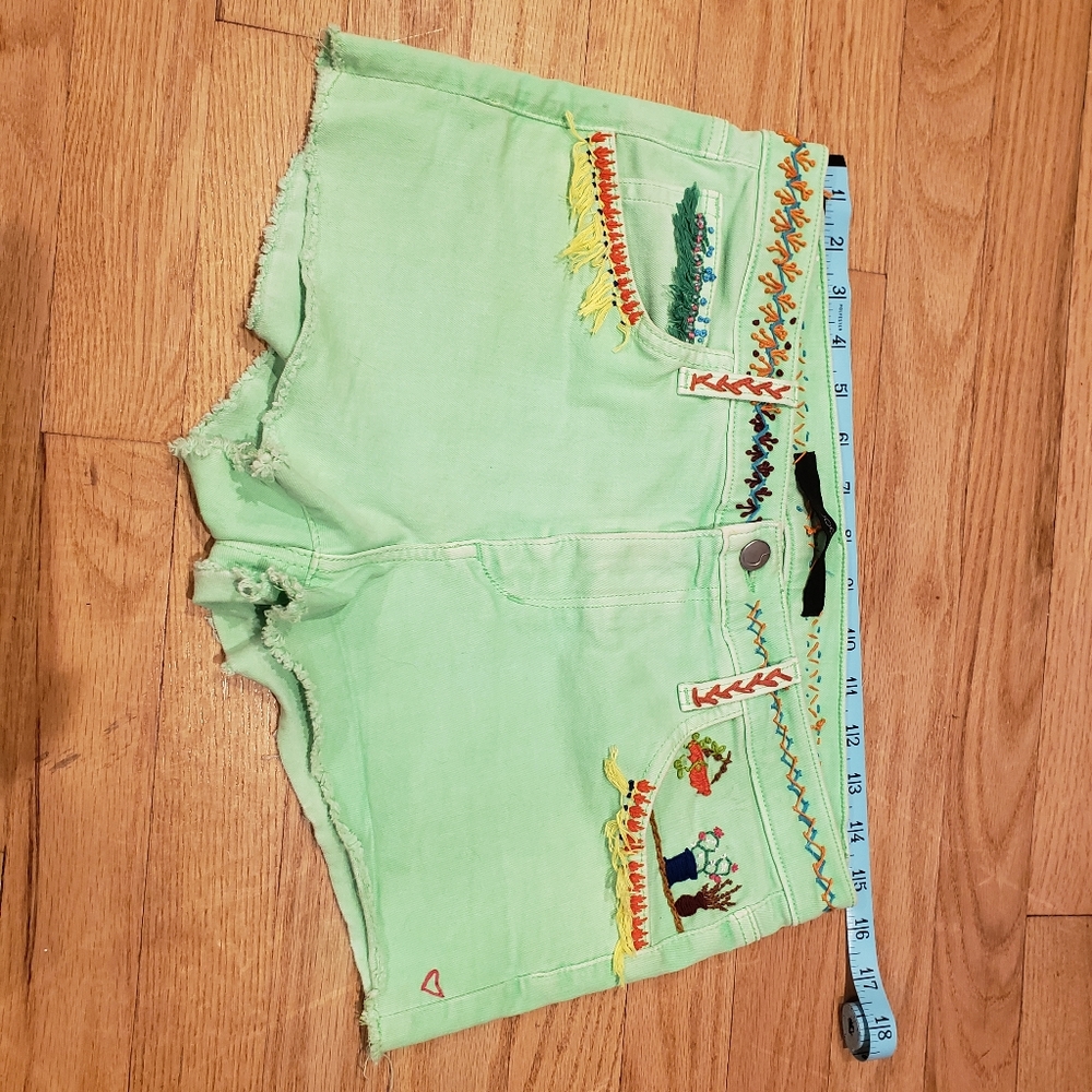 Neon green shorts hand embroidered by me
